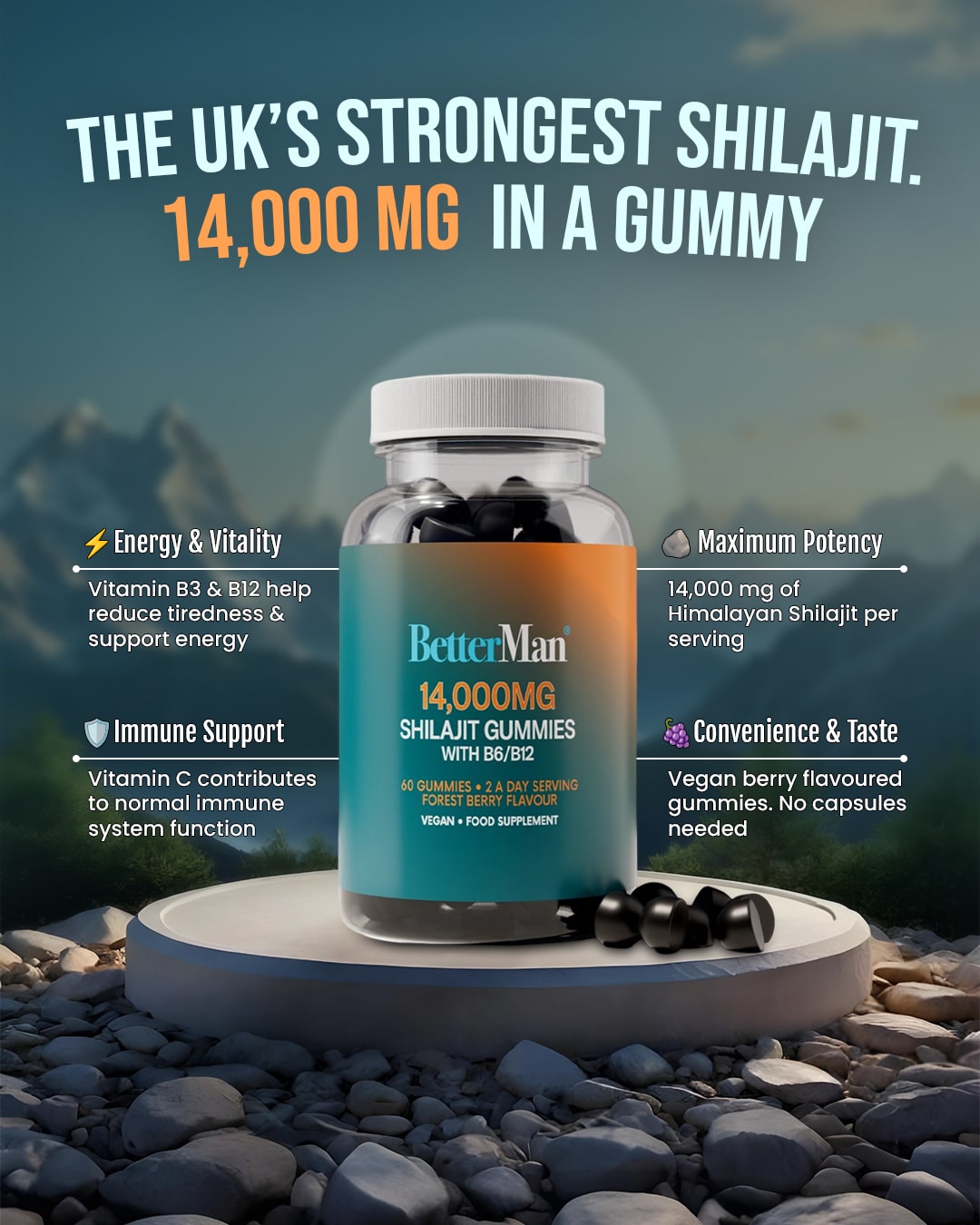 Bottle of BetterMan Shilajit gummies with mountainous background