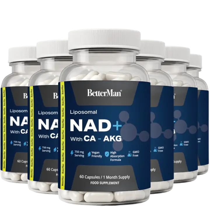 Multiple bottles of BetterMan NAD+ with CA AKG supplements