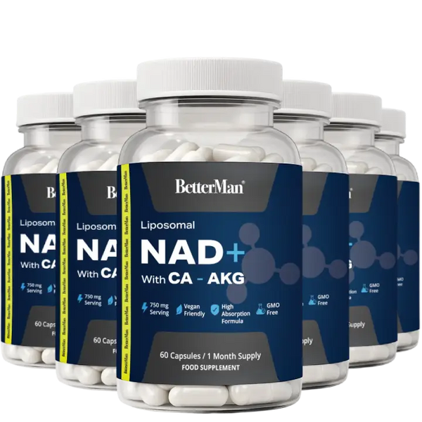 Multiple bottles of BetterMan NAD+ with CA AKG supplements
