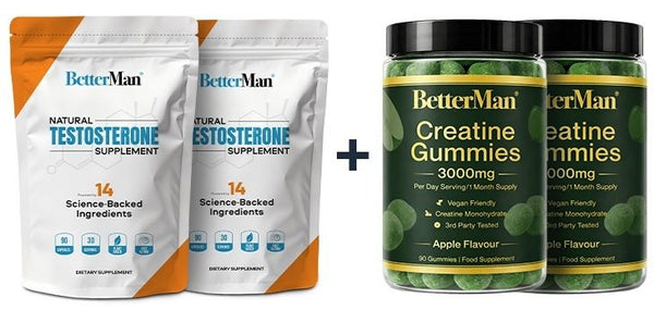Two packages of BetterMan testosterone supplement and two jars of BetterMan creatine gummies.