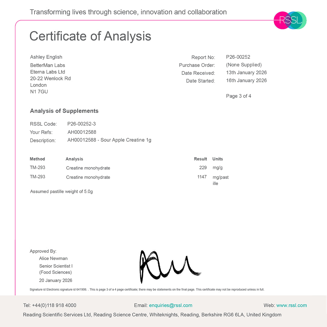 Certificate of Analysis for a supplement with RSSL branding
BML Creatine Gummies Certificate