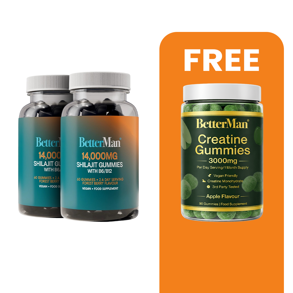 Two bottles of BetterMan supplements with a free Creatine Gummies container on an orange background.