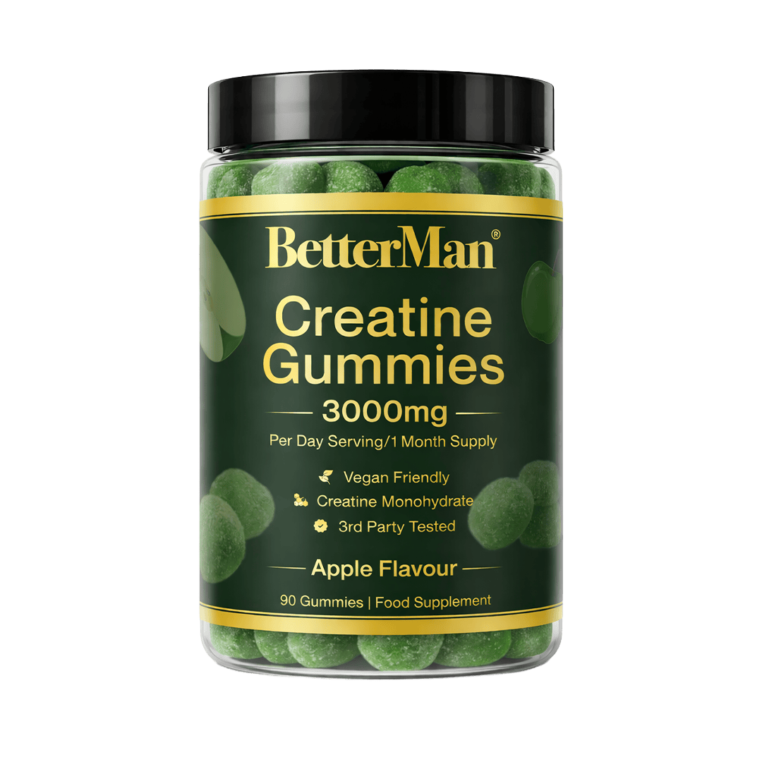 Jar of BetterMan Creatine Gummies with green gummies on a green background