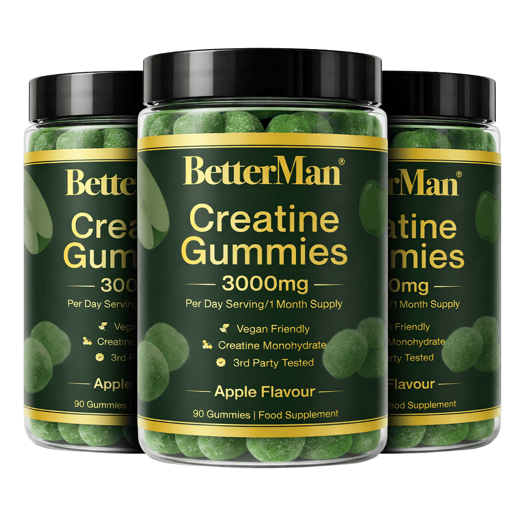 Three jars of BetterMan Creatine Gummies on a green background