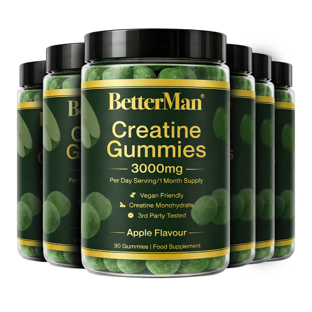Jar of BetterMan Creatine Gummies with multiple jars in the background on a white background