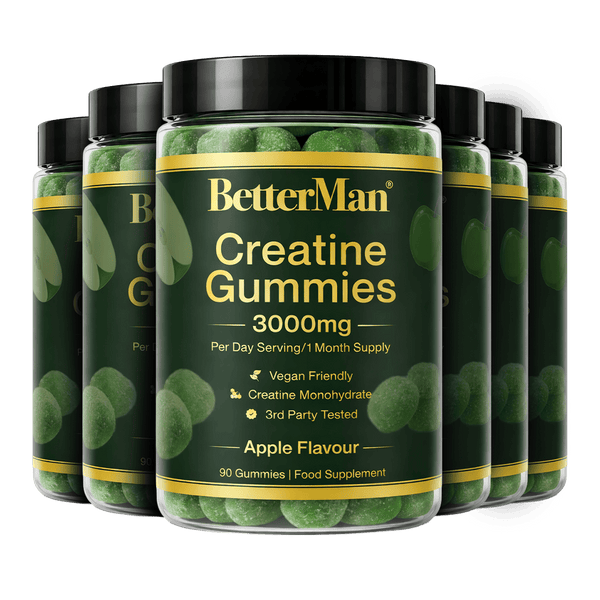 Jar of BetterMan Creatine Gummies with multiple jars in the background on a white background