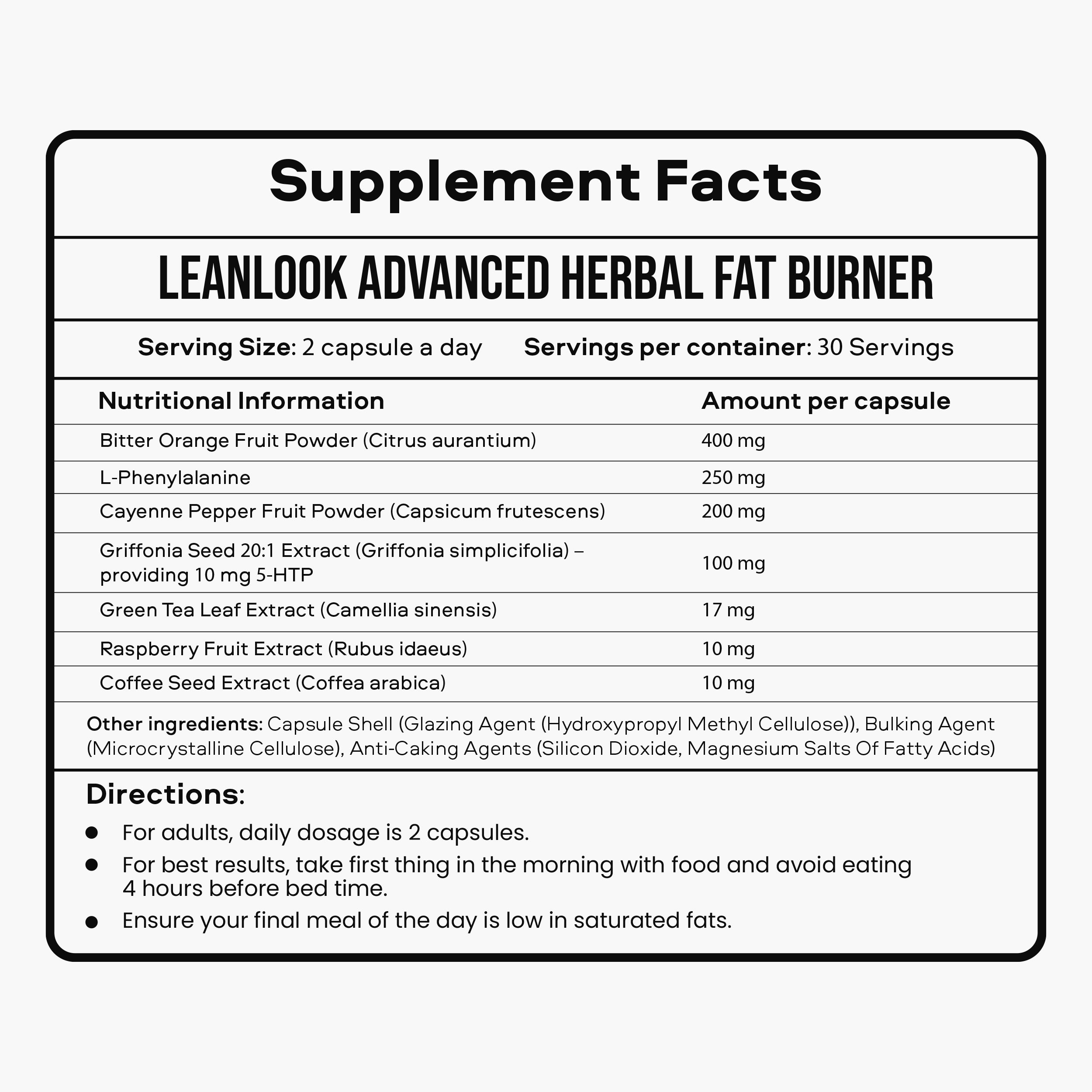 Supplement facts label for Leanlook Advanced Herbal Fat Burner on a white background