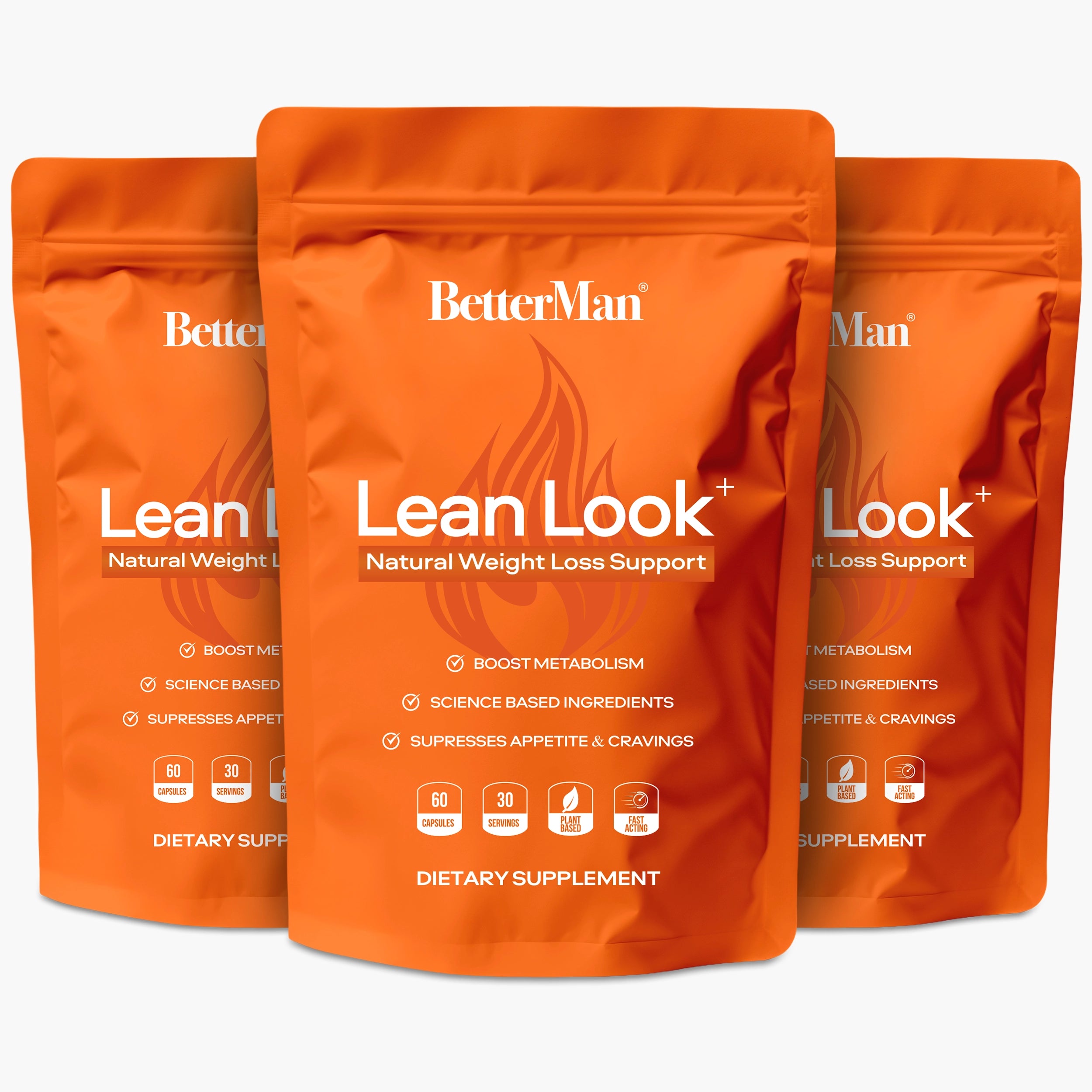 Three orange packages of BetterMan Lean Look weight loss support on a white background