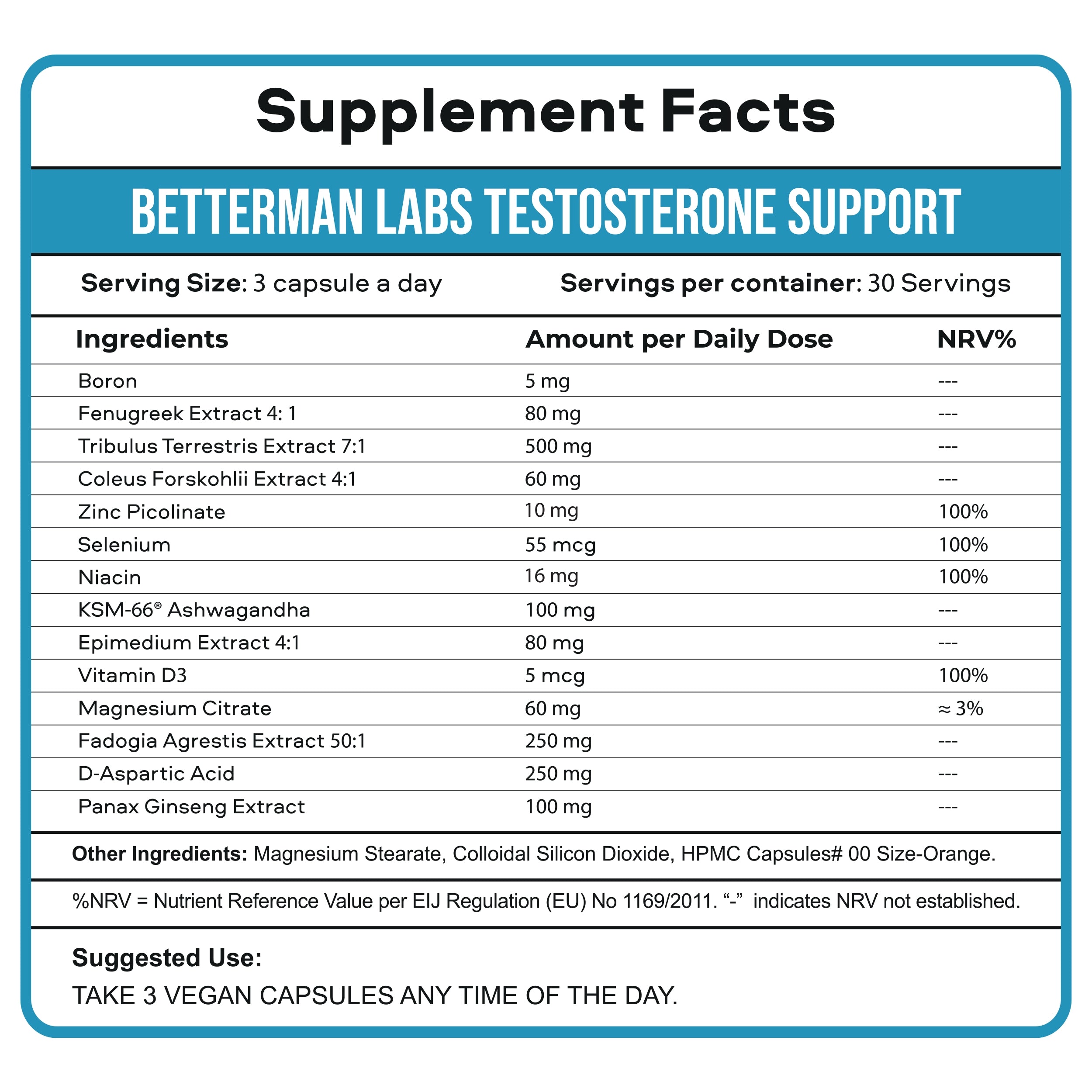 betterman testosterone booster supplement facts