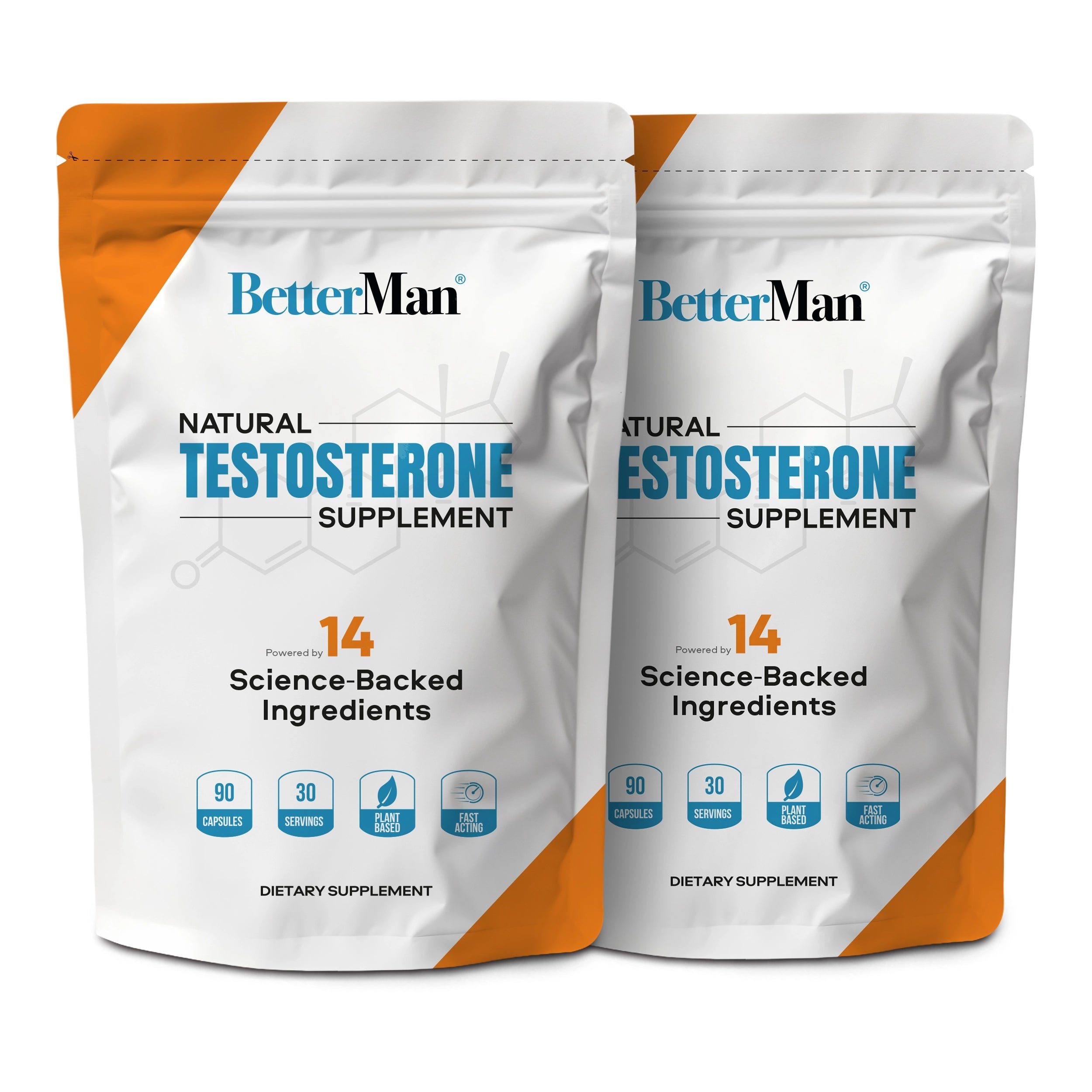 Two packages of BetterMan Natural Testosterone Supplement on a white background