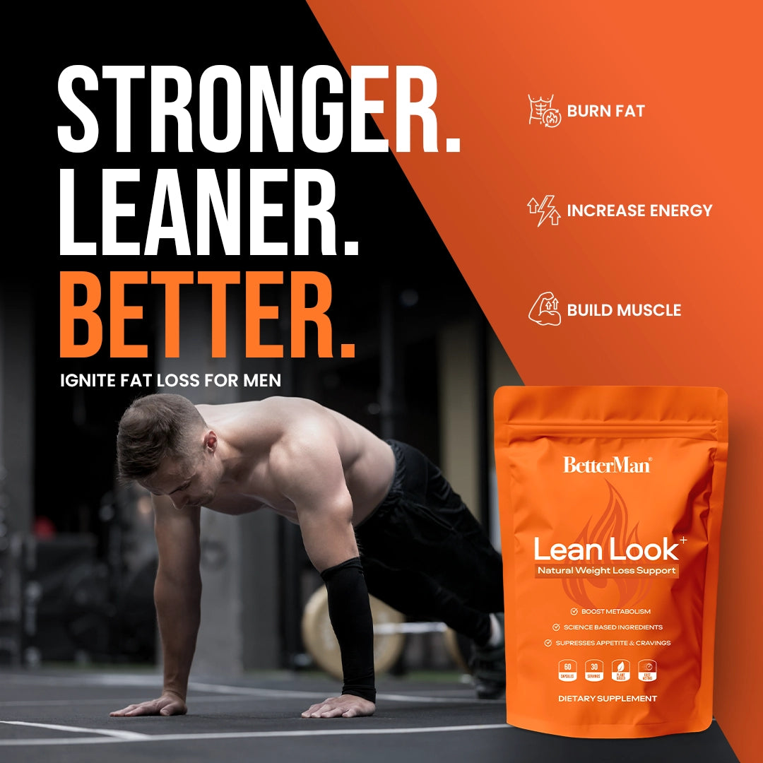 Man in a push-up position with 'BetterMan Lean Look' supplement packaging on an orange and black background.