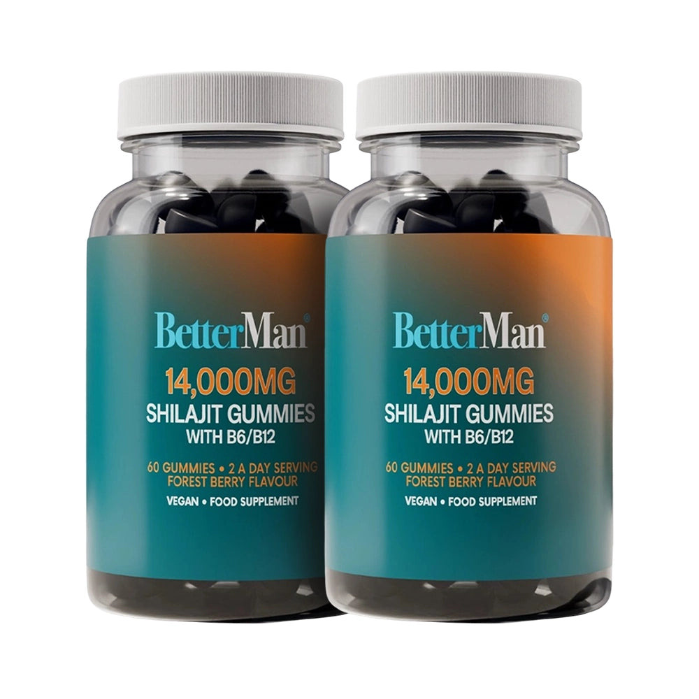 Two bottles of Better Man Shilajit Gummies with B6/B12 on a white background