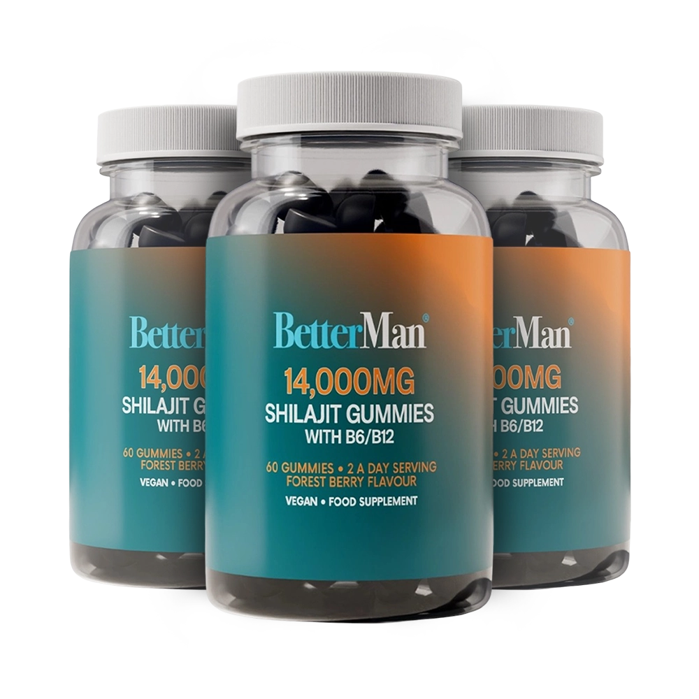 Three bottles of BetterMan 14,000MG Shilajit Gummies with B6/B12 